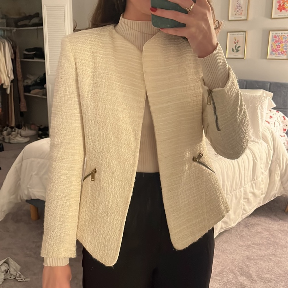 Cream Textured Open-Front Women's Jacket